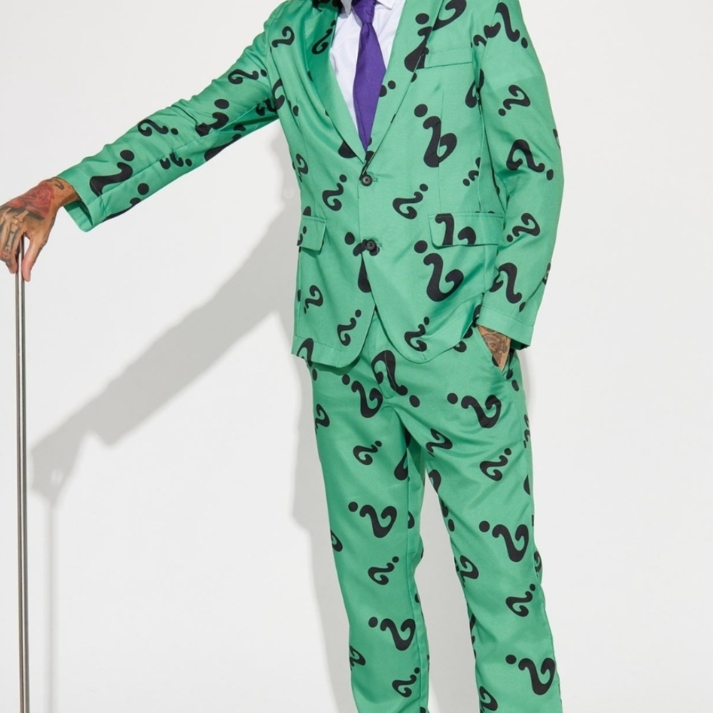 RIDDLER COSTUME. Green Question Mark Patterned Suit.